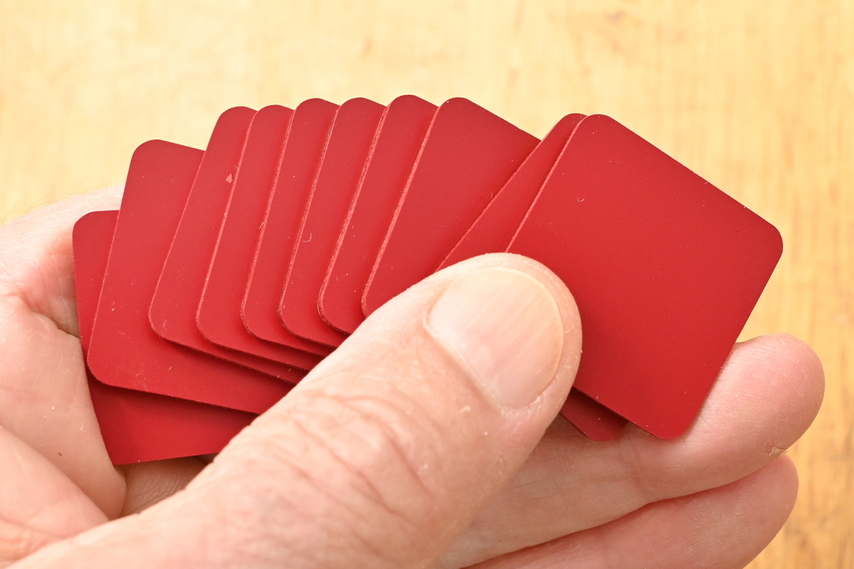Ten cards are fanned-out between fingers and thumb to show the backs of the two millimetre, thick, red leather, Teign digit cards
